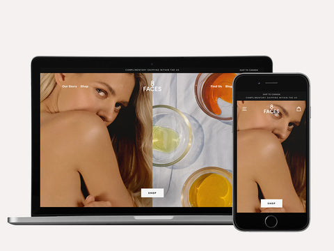 Laptop and iPhone screen showing 8 Faces Beauty Shopify website design by Fashioncan. 