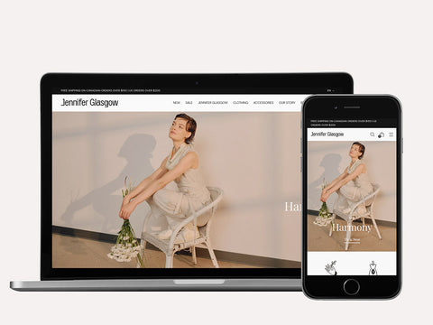 Laptop and iPhone screen showing Jennifer Glasgow Shopify website design by Fashioncan. 