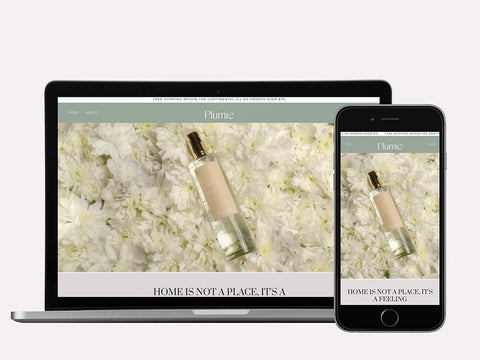 Laptop and iPhone screen showing Plumie Shopify website design by Fashioncan.